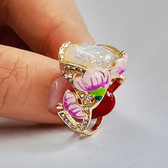 Flower Ring 14k Plated Zircon Inlaid Opal Egg Shape Center