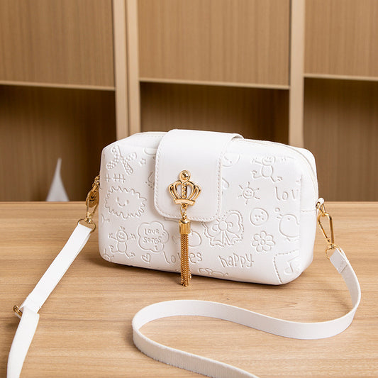 Crown Tassel Shoulder Bag Embossed Crossbody Zipper Mini Bag