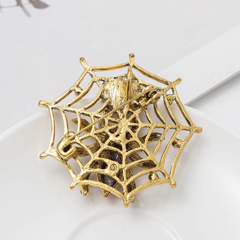 Retro Spider Web Spider Rhinestone Necklace Brooch Dual purpose Insect Brooch