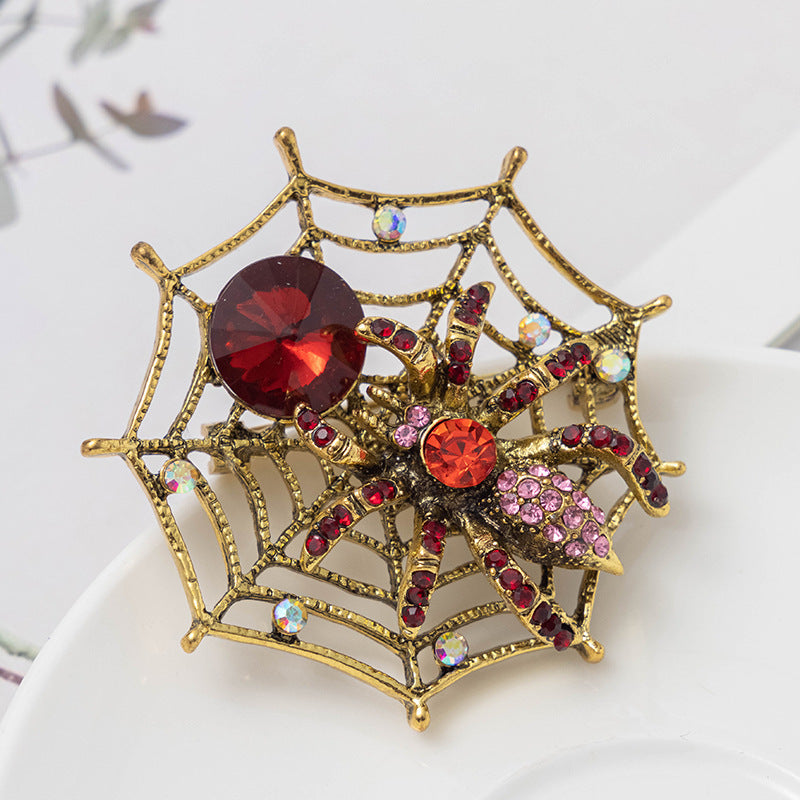 Retro Spider Web Spider Rhinestone Necklace Brooch Dual purpose Insect Brooch