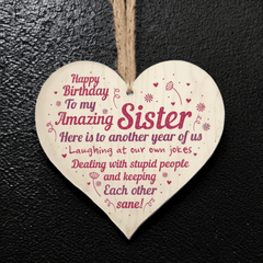 Wooden Heart Pendant for Sister, Birthday Gift From Family
