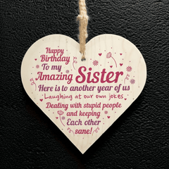 Wooden Heart Pendant for Sister, Birthday Gift From Family
