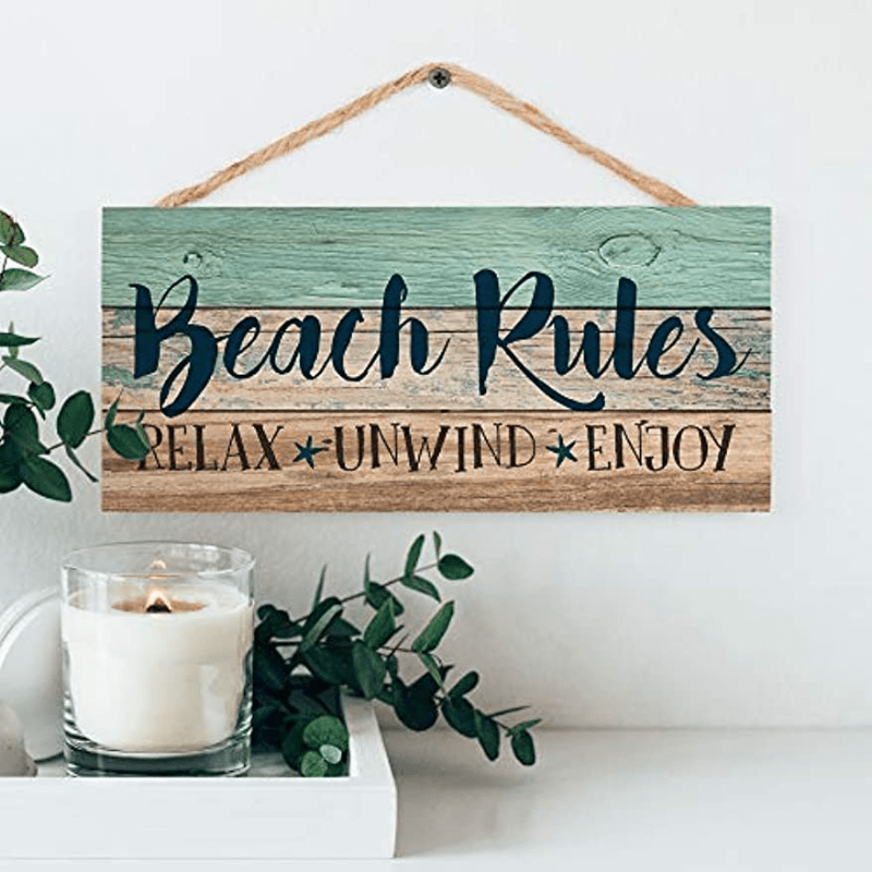 Beach Rules Relax Unwind Enjoy Weathered Plank Hanging Sign