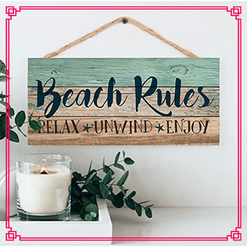 Beach Rules Relax Unwind Enjoy Weathered Plank Hanging Sign
