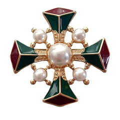 Vintage Baroque Enamel Pearl Brooch Retro Court Cross Brooch Pin
