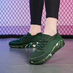 Women's Green Woven Running Shoes Lace Up Breathable Socks Shoes