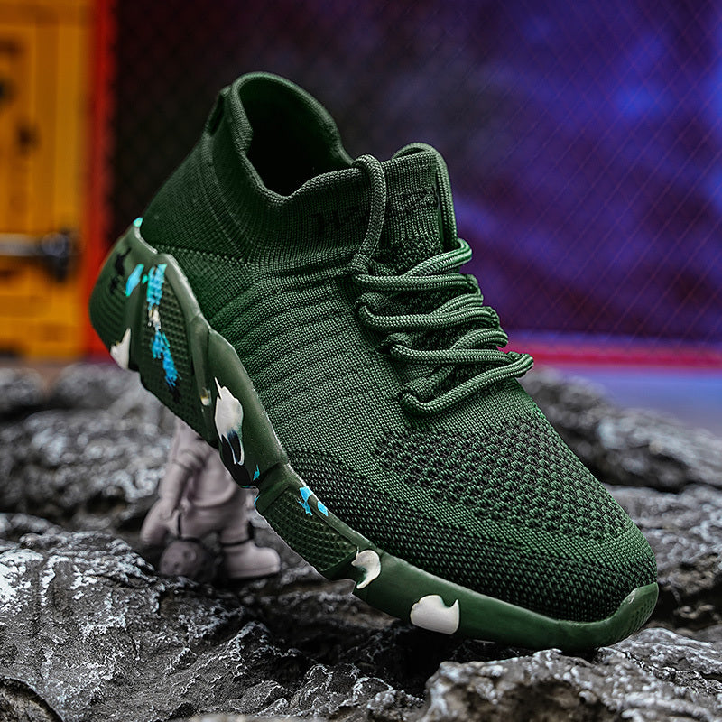 Women's Green Woven Running Shoes Lace Up Breathable Socks Shoes