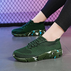Women's Green Woven Running Shoes Lace Up Breathable Socks Shoes