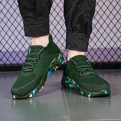 Women's Green Woven Running Shoes Lace Up Breathable Socks Shoes