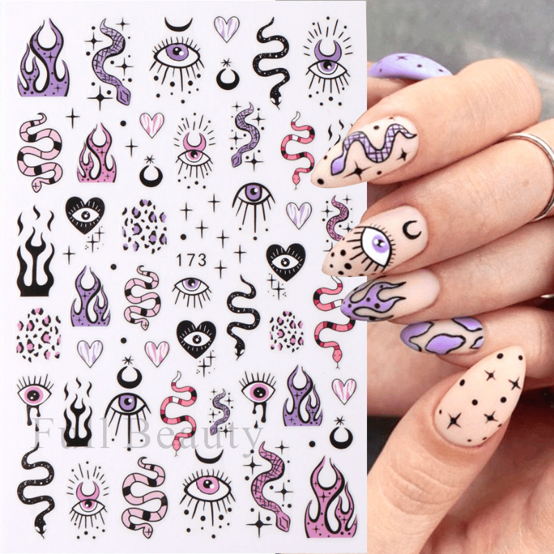 Evil Eye Snake Heart Nail Art Stickers 3D Self Adhesive Flame Animal Nail Decals