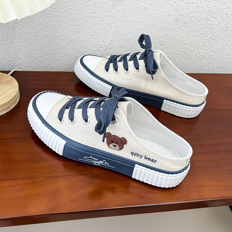 Women's Flat Mule Little Bear Lace Up Slip On Canvas Shoes