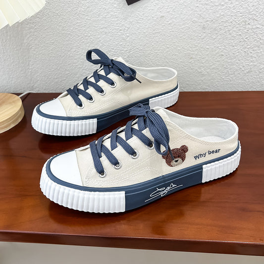Women's Flat Mule Little Bear Lace Up Slip On Canvas Shoes