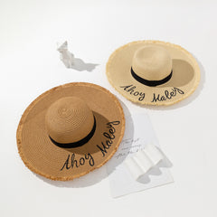 Letter Embroidered Sun Hat Solid Frayed Wide Brim Straw Hat