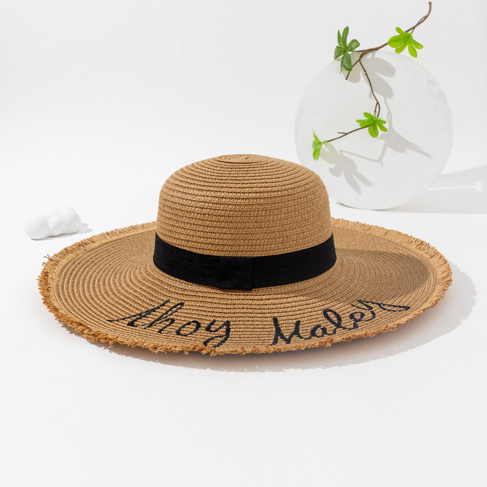 Letter Embroidered Sun Hat Solid Frayed Wide Brim Straw Hat