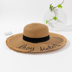 Letter Embroidered Sun Hat Solid Frayed Wide Brim Straw Hat