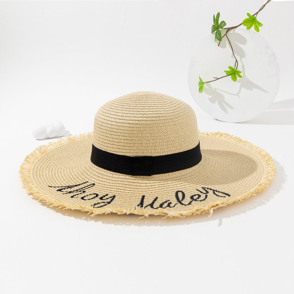 Letter Embroidered Sun Hat Solid Frayed Wide Brim Straw Hat
