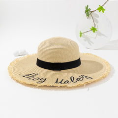 Letter Embroidered Sun Hat Solid Frayed Wide Brim Straw Hat