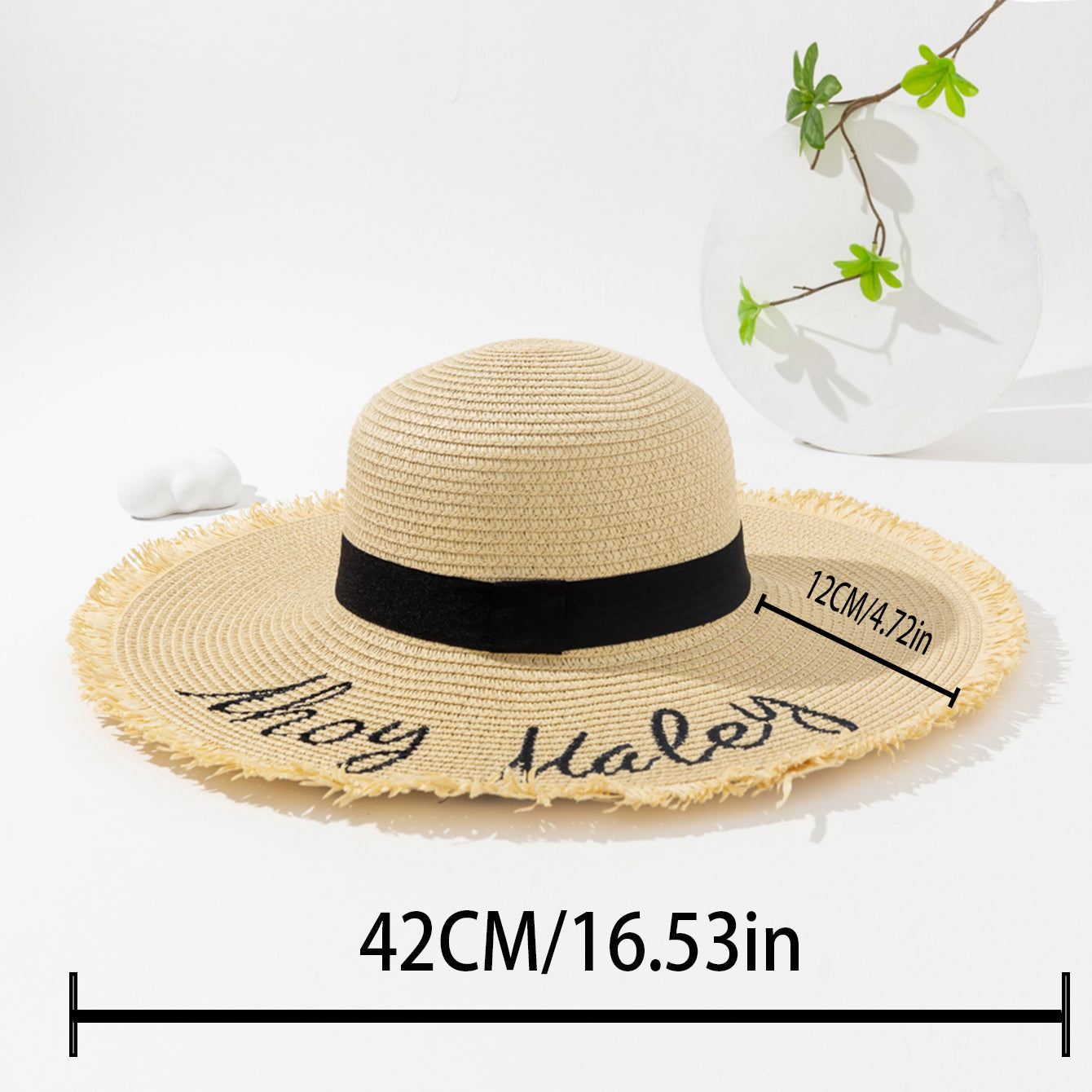 Letter Embroidered Sun Hat Solid Frayed Wide Brim Straw Hat