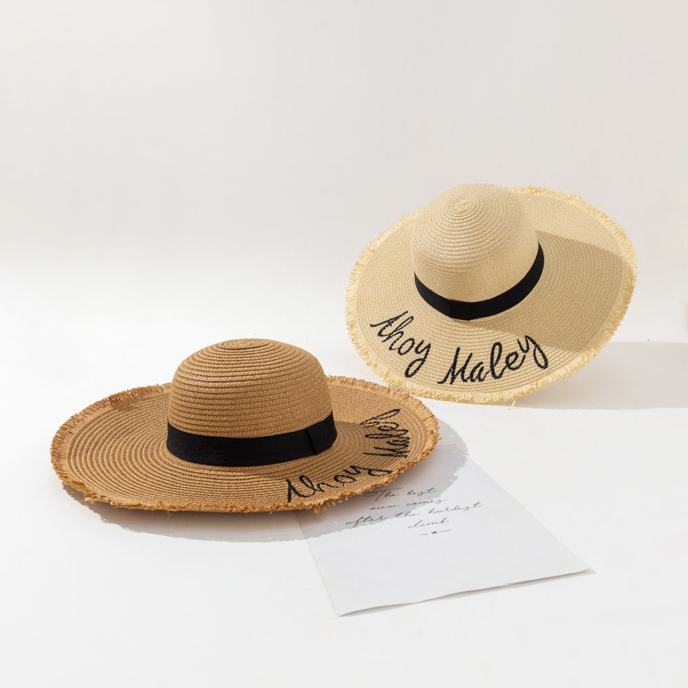 Letter Embroidered Sun Hat Solid Frayed Wide Brim Straw Hat