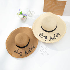 Letter Embroidered Sun Hat Solid Frayed Wide Brim Straw Hat