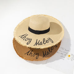 Letter Embroidered Sun Hat Solid Frayed Wide Brim Straw Hat