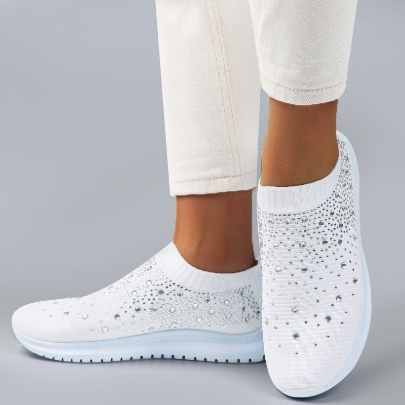 Women's Rhinestone Mesh Sneakers Soft Sole Slip On Casual Shoes