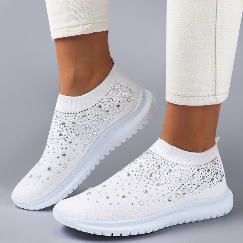 Women's Rhinestone Mesh Sneakers Soft Sole Slip On Casual Shoes