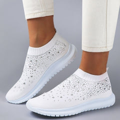 Women's Rhinestone Mesh Sneakers Soft Sole Slip On Casual Shoes