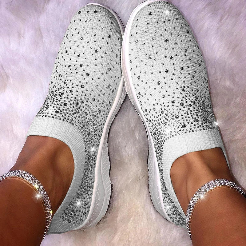 Women's Rhinestone Mesh Sneakers Soft Sole Slip On Casual Shoes