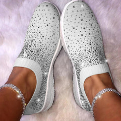 Women's Rhinestone Mesh Sneakers Soft Sole Slip On Casual Shoes