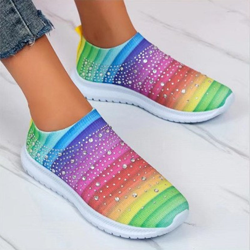 Women's Rhinestone Mesh Sneakers Soft Sole Slip On Casual Shoes