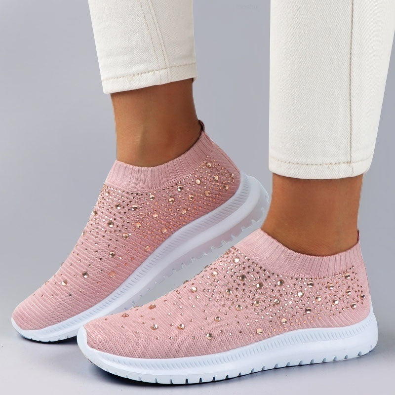 Women's Rhinestone Mesh Sneakers Soft Sole Slip On Casual Shoes