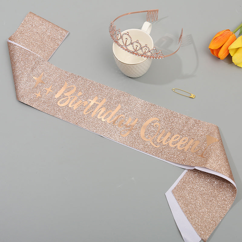 2pcs Golden Crown & Satin Sash Crystal Women Kids Birthday Deco