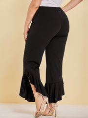  Ruffle Trim Split Pants Women's Plus Stretch Pants