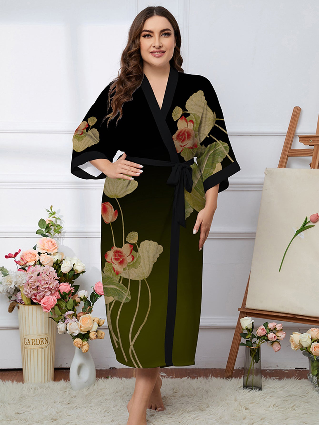  Satin Ombre Lotus Print Nightgown Robe