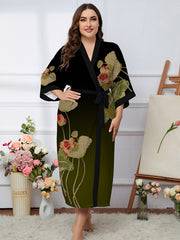  Satin Ombre Lotus Print Nightgown Robe