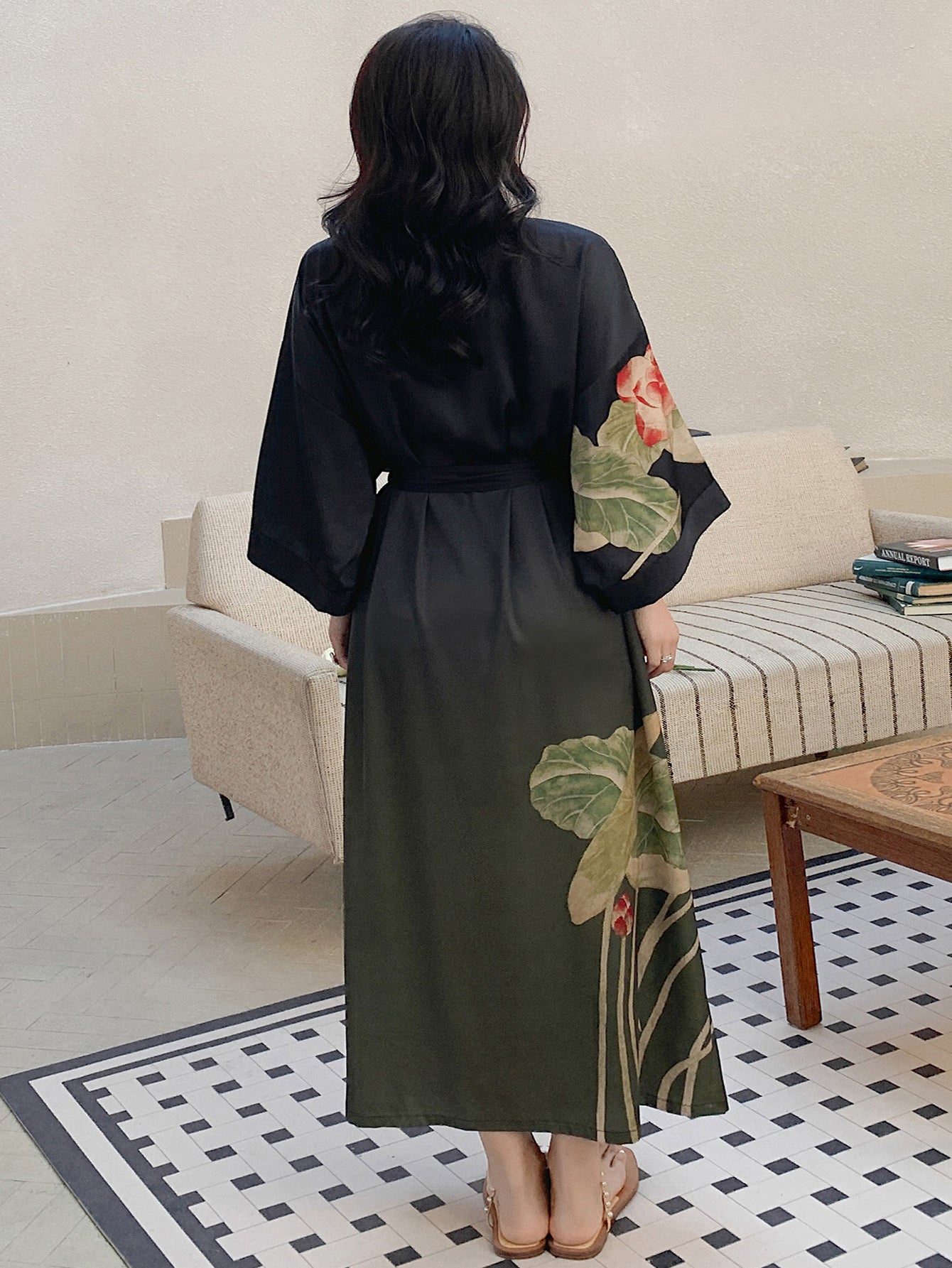  Satin Ombre Lotus Print Nightgown Robe