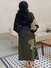  Satin Ombre Lotus Print Nightgown Robe