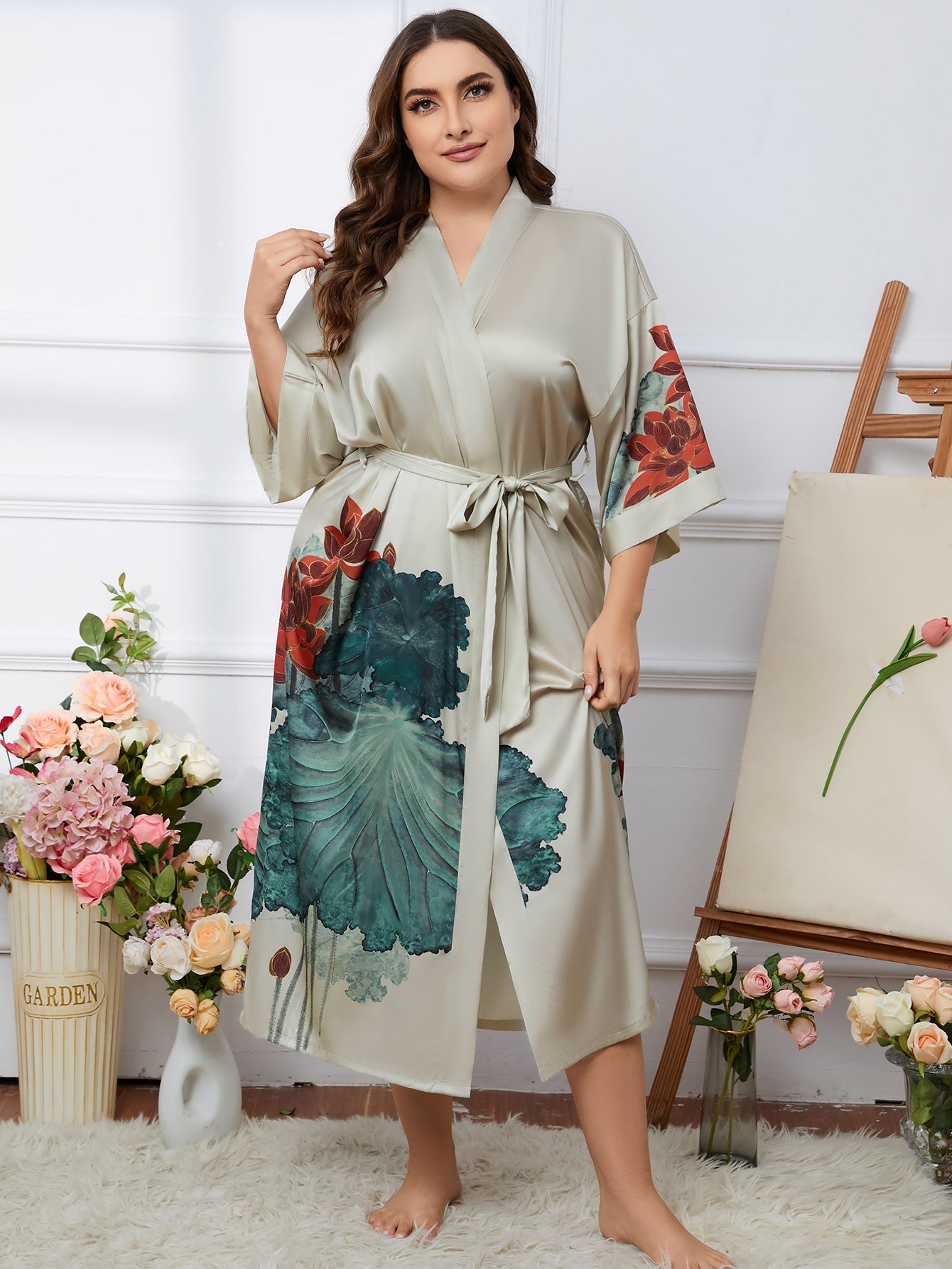 Women's Lotus Print Satin Nightgown with Belted Robe