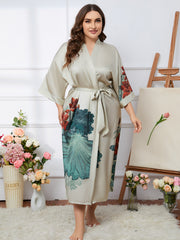  Women's Lotus Print Satin Nightgown with Belted Robe
