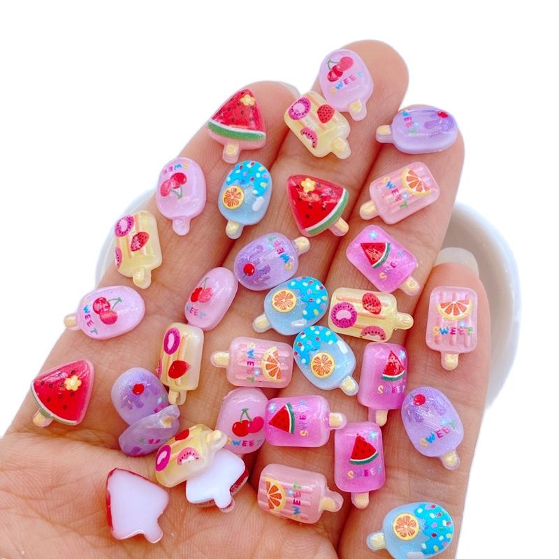 10pcs Mini Fruit Popsicle Resin Flatback Ornaments for Crafts