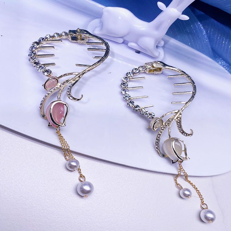 Opal Flower Hair Claw with Faux Pearl Tassel - Women Girls Hair Clip