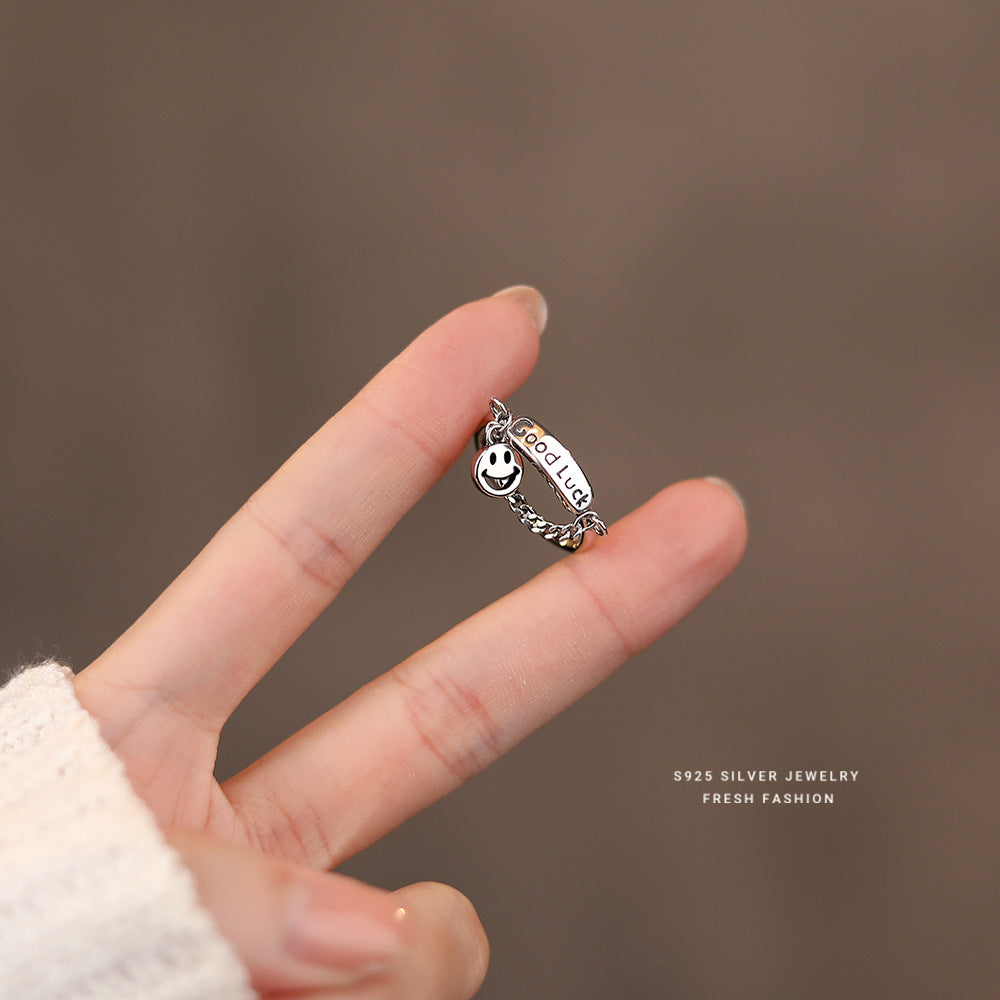 Happy Face & Chain Decor Good Luck Detail Silver Ring