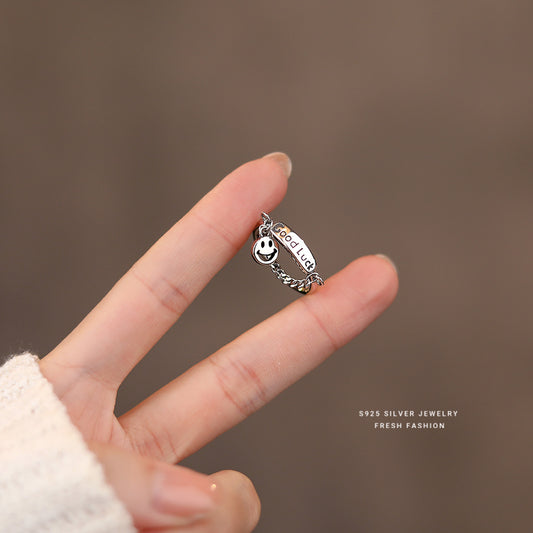 Happy Face & Chain Decor Good Luck Detail Silver Ring