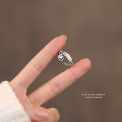 Happy Face & Chain Decor Good Luck Detail Silver Ring