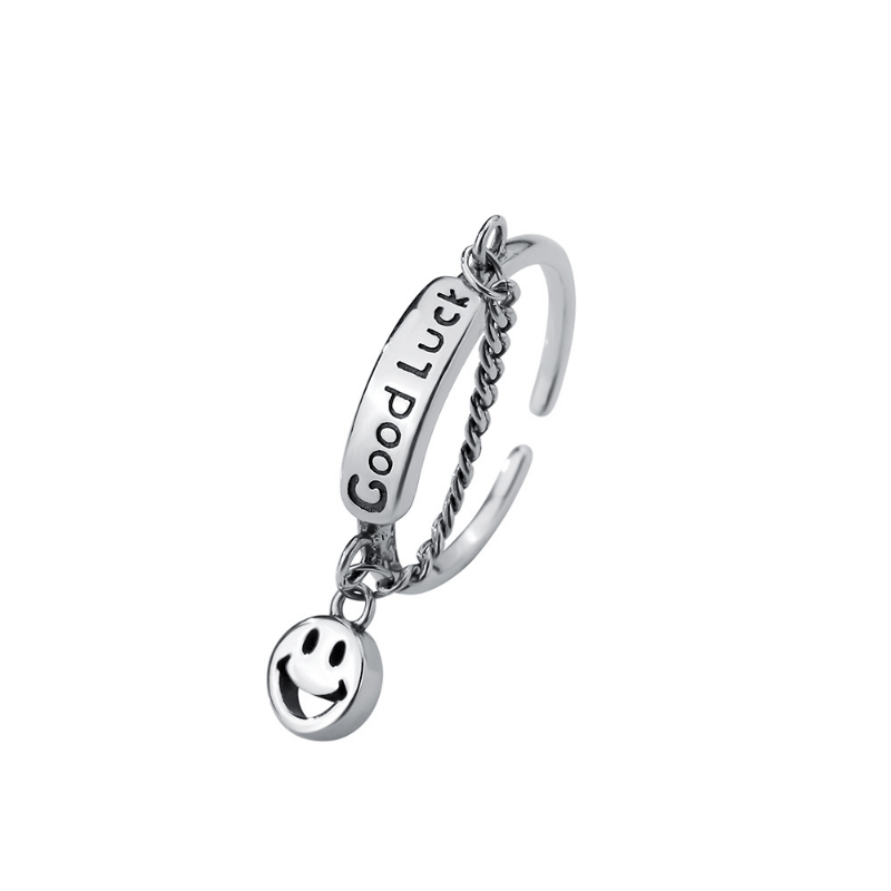 Happy Face & Chain Decor Good Luck Detail Silver Ring