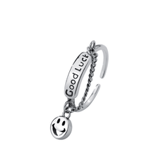 Happy Face & Chain Decor Good Luck Detail Silver Ring