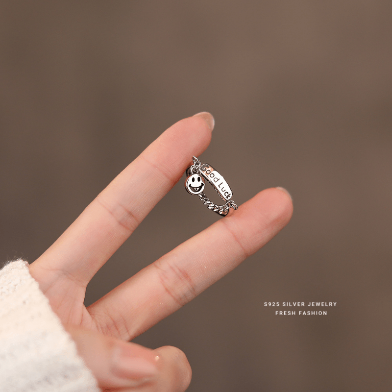 Happy Face & Chain Decor Good Luck Detail Silver Ring