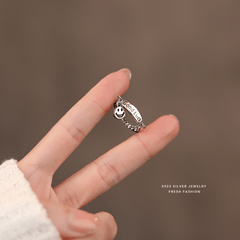 Happy Face & Chain Decor Good Luck Detail Silver Ring