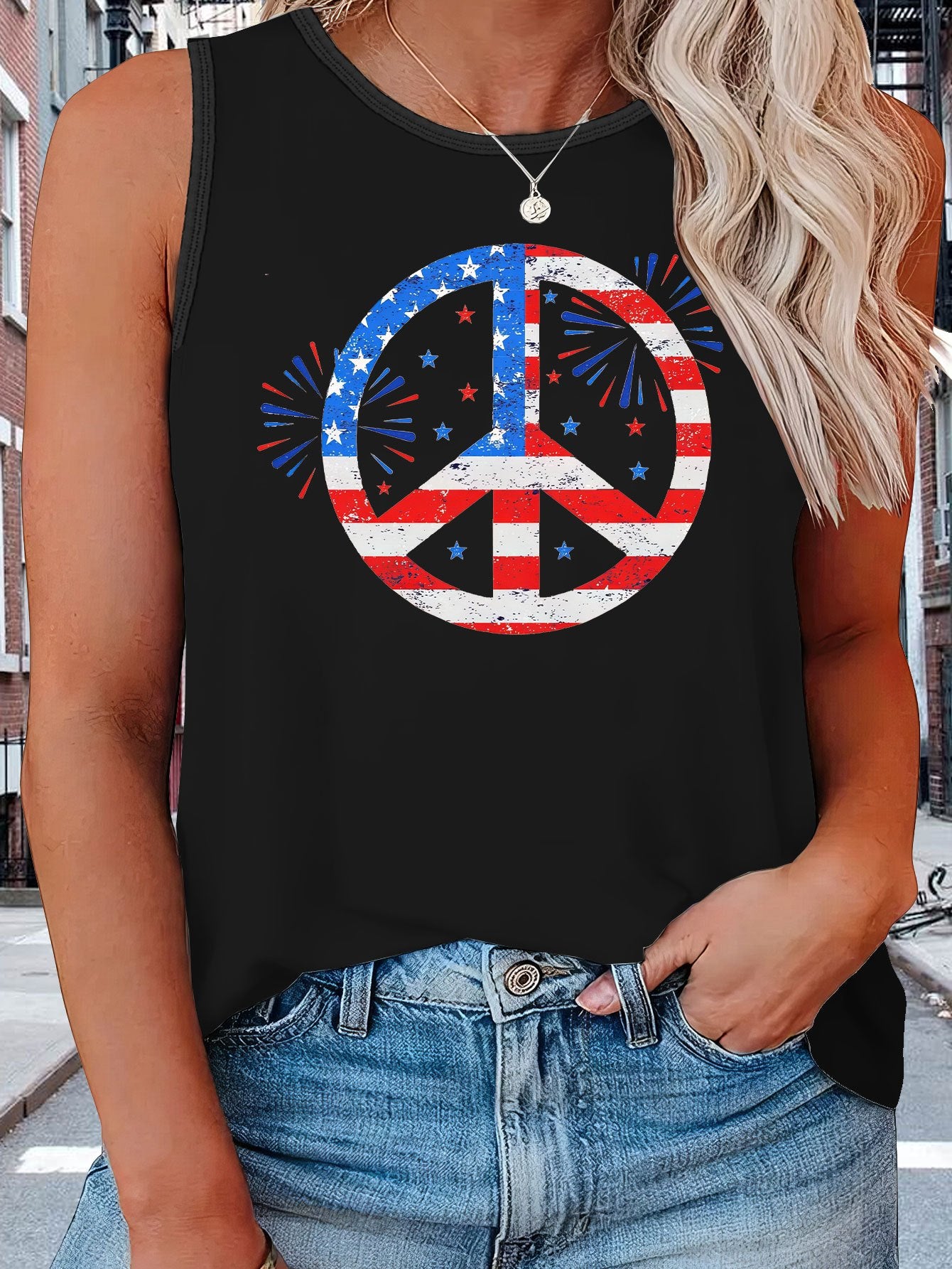  Independence Casual Tank Top Women's Plus Flag Pattern Graphic Print